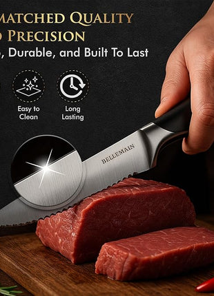 Bellemain Premium Steak Knives Set of 8, Kitchen Knife Sets with Steel Blades for Precise Cutting, Lightweight Steak Knife Set Stainless Steel & Durable, Serrated Steak Knives Dishwasher Safe