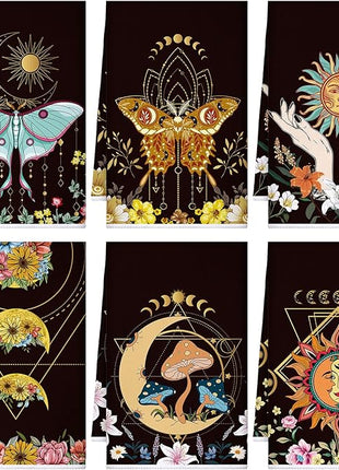 Boyiee Set of 6 Witchy Kitchen Towels Boho Tea Towels Absorbent Mushroom Floral Dish Towels 24 x 16'' Gothic Dish Towels Sun Moon Star Butterfly Hand Towels Gifts for Farmhouse Kitchen Bathroom
