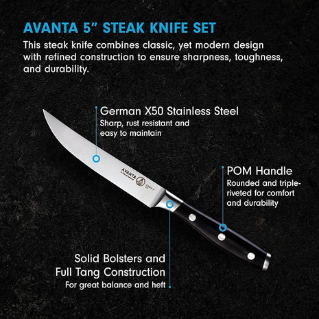 Messermeister Avanta Forged 5” Fine Edge Steak Knife Set - German X50 Stainless Steel - Rust Resistant & Easy to Maintain - Includes 4 Steak Knives