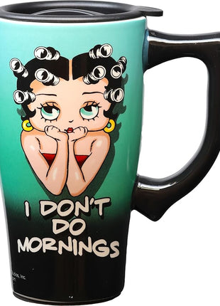 Spoontiques - Ceramic Travel Mugs - Betty Boop I Don't Do Mornings Cup - Hot or Cold Beverages - Gift for Coffee Lovers