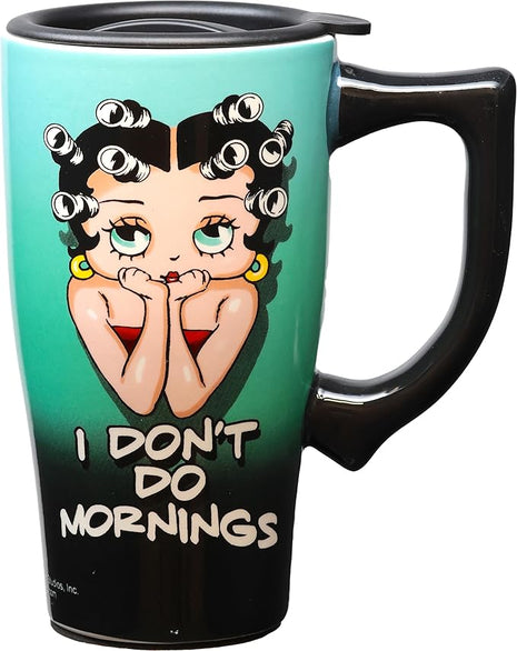 Spoontiques - Ceramic Travel Mugs - Betty Boop I Don't Do Mornings Cup - Hot or Cold Beverages - Gift for Coffee Lovers