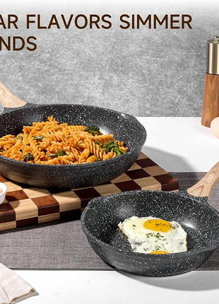 JEETEE Nonstick Frying Pans Set, Skillets Set 2 Pcs, 8" 10" Granite Non-Stick Frying pan, Nonstick Omelette Skillet with Soft Touch Handle, Grey