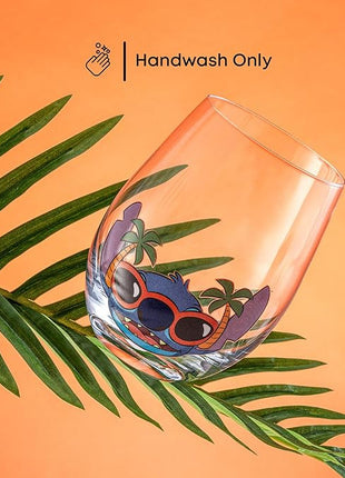 JoyJolt Disney Stitch Silly Sips Stemless Drinking Glasses, 19oz Teardrop Glass Cups, Glass Tumbler Cup Set of 4, Stitch Stuff, Lilo and Stitch Gifts, Disney Gifts for Adults