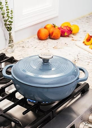 Lodge 3 Quart Enameled Cast Iron Dutch Oven with Lid – Dual Handles – Oven Safe up to 500° F or on Stovetop - Use to Marinate, Cook, Bake, Refrigerate and Serve – Storm Blue