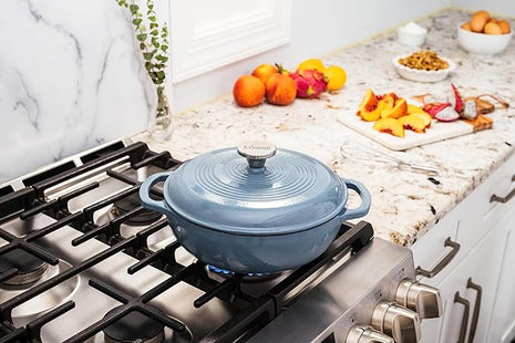 Lodge 3 Quart Enameled Cast Iron Dutch Oven with Lid – Dual Handles – Oven Safe up to 500° F or on Stovetop - Use to Marinate, Cook, Bake, Refrigerate and Serve – Storm Blue