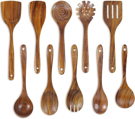 FJNATINH 10 PCS Wooden Spoons for Cooking - Teak Wooden Kitchen Utensil Set - Cooking Mixing Baking - Non-stick Healthy Kitchen Cookware Gifts for Women Housewarming Gifts