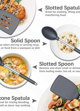 Silicone Spatula Spoon Set, 4 PCS Silicone Cooking Utensils Spatula Spoon Set with Stainless Steel Handle, BPA Free Kitchen Turners for Frying, Mixing, Serving, Draining, Turning, Stirring, Grey