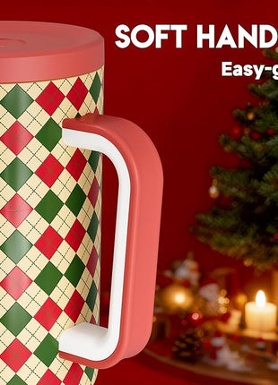 Meoky 40 oz Christmas Tumbler with Handle and Straw, Xmas Tumbler with Lid and Straw, Insulated Stainless Steel Travel Mug, Christmas Gifts for Women Men Adults (Winter Plaid)