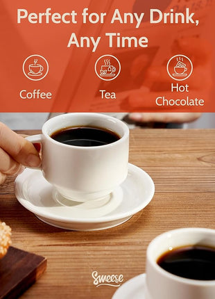 Sweese 2.5 Ounce Porcelain Stackable Espresso Cups with Saucers and Metal Stand Set of 4, White