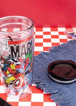 Silver Buffalo Marvel Avengers Featuring Spider-Man, Captain America, Thor, Hulk, and Iron Man Double Wall Travel Tumbler with Slide Close Lid, 20 Ounces
