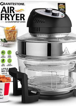 Big Boss 16Qt Extra Large Glass Air Fryer Non Toxic – Family Sized 4 in 1 Cooker with 3 Cooking Sections, Stainless Steel Racks for French Fries, Chicken, No Preheat, Self Cleaning, Dishwasher Safe