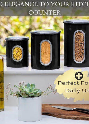 Mixpresso 3-Piece Black Canisters Sets For The Kitchen, Airtight Canister Set With See Through Window, Storage Jars for Coffee Container, Tea Organizer & Sugar Canister, Black Kitchen Canisters
