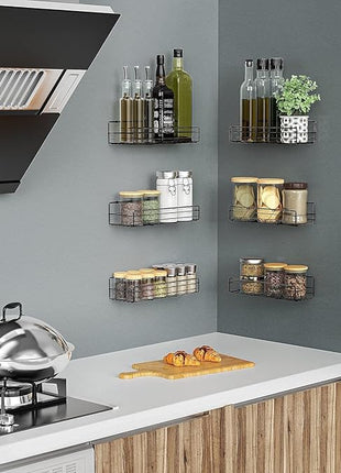 Moforoco Spice Rack Organizer Wall Mount (6Pack), Hanging Black Spice Pantry Organization Storage Shelf, Farmhouse Seasoning Organizer, Flexible Wall Shelves, Kitchen Essentials Home Decor