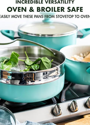 GreenPan Rio Healthy Ceramic Nonstick 16 Piece Cookware Pots and Pans Set, PFAS-Free, Dishwasher Safe, Turquoise