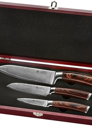Wakoli EDIB 3-Piece Damascus Kitchen Knife Set in Wooden Gift Box – Sharp Knives Set made of Genuine Damascus Steel (VG10 Core) – Santoku, Small Santoku, & Pairing Knife – Ergonomic Pakkawood Handles