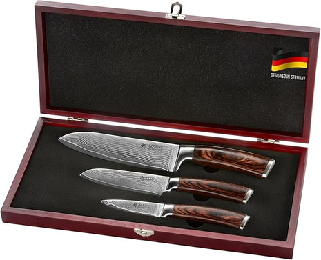 Wakoli EDIB 3-Piece Damascus Kitchen Knife Set in Wooden Gift Box – Sharp Knives Set made of Genuine Damascus Steel (VG10 Core) – Santoku, Small Santoku, & Pairing Knife – Ergonomic Pakkawood Handles