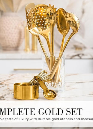 Gold Cooking Utensils with Measuring Cups and Spoons Set - 13-Piece Luxury Gold Kitchen Accessories Includes Metal Measuring Cups and Spoons for Baking, Cooking, and Elegant Kitchen Decor