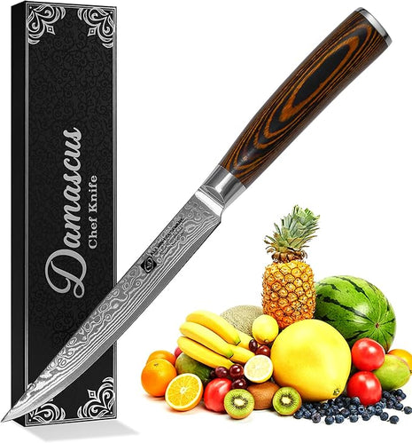 Damascus Utility Knife 5.5" Chef Knife Kitchen VG10 Stainless Steel Core 67-Layer Hand Forged Razor Sharp Edge Ergonomic Handle Precision Slicing Boning Trimming Carving Gift Idea