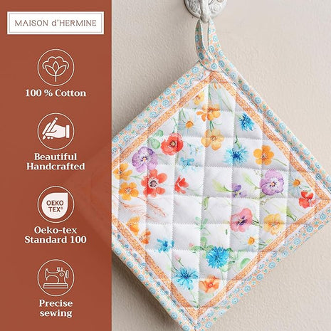 Maison d' Hermine Pot Holders 100% Cotton Heat Resistant Potholders 8" x 8" Hot Pads with Loop BBQ, Cooking, Baking, Grilling, Kitchen, Handling Hot Pans Spring/Summer (Pack of 1, Summer Whisper)