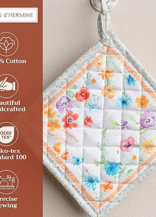 Maison d' Hermine Pot Holders Set 100% Cotton Heat Resistant Potholders 8" x 8" Hot Pads with Loop BBQ, Cooking, Baking, Grilling, Kitchen, Handling Hot Pans Spring/Summer (Pack of 2, Summer Whisper)