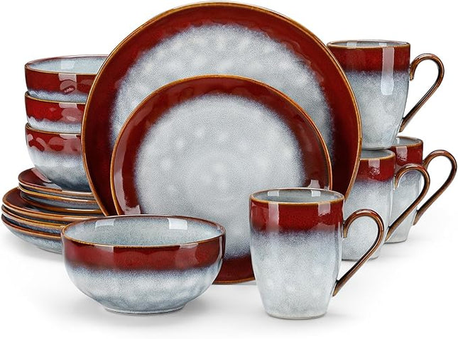 vancasso Starry 16 Pieces Dinnerware Set for 4, Handmade Reactive Glaze Stoneware Plates and Bowls Set, Dishes Set with Mugs for 4, Microwave & Dishwasher Safe, Red