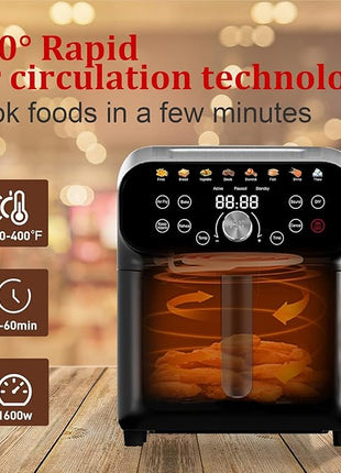 Air Fryer, 6.2QT Air Fryer Oven with LED Digital Touchscreen, 12 Preset Cooking Functions Air fryers, Bake, Reheat, Keep Warm, Nonstick and Dishwasher-Safe Basket, Stainless Steel/Black