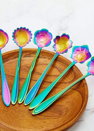 Chengu 8 Pieces Flower Coffee Tea Spoons Stainless Steel Sugar Spoons Tea Party Flower Fancy Tableware Set Stir Bar Creative Stirring Teaspoon, 8 Different Patterns(Rainbow Color)