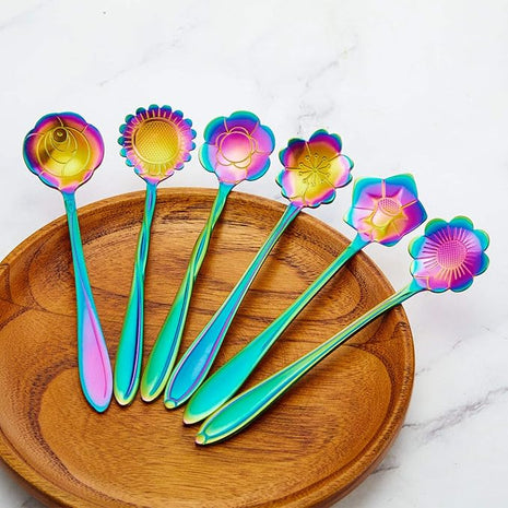 Chengu 8 Pieces Flower Coffee Tea Spoons Stainless Steel Sugar Spoons Tea Party Flower Fancy Tableware Set Stir Bar Creative Stirring Teaspoon, 8 Different Patterns(Rainbow Color)