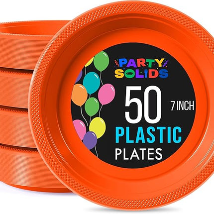 Exquisite Party Solids Orange Plastic Plates For Party Supplies 7" Orange Disposable Plates Heavy Duty 50 Pcs Plastic Dinnerware Sets Heavy Duty 350 GSM Disposable Dinnerware Set