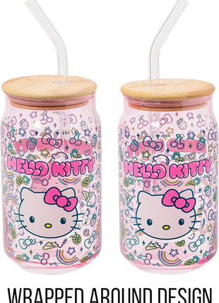 Silver Buffalo Sanrio Hello Kitty Neon Fruits Rainbows and Hearts Pattern Glass Jar Tumbler with Bamboo Lid and Glass Straw, 16 Ounces