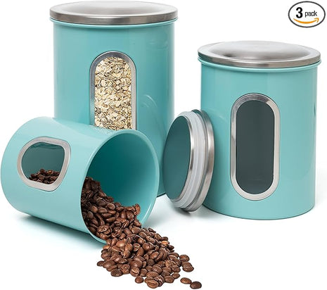 Mixpresso 3-Piece Aqua Blue Canisters Sets For The Kitchen, Airtight Canister Set With See Through Window, Storage Jars for Coffee Container, Tea Organizer & Sugar Canister, Kitchen Canisters