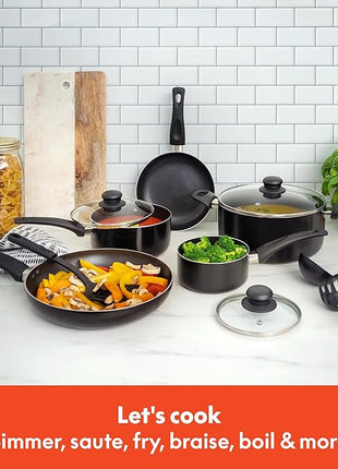 bella Cookware Set, 12 Piece Pots and Pans with Utensils, Nonstick PFOA Free Scratch Resistant Cooking Surface Compatible with All Stoves, Nylon and Aluminum, Black