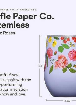 Corkcicle Stemless Insulated Wine Glass Tumbler - Keeps Beverages Cold 6 Hrs Hot 3 Hrs - Stainless Steel - Easy-Grip - Gift for Mom - Great for Mother's Day or Christmas - 12 oz - Roses Purple