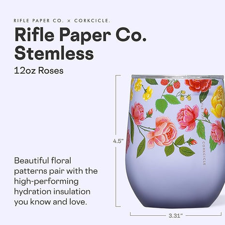 Corkcicle Stemless Insulated Wine Glass Tumbler - Keeps Beverages Cold 6 Hrs Hot 3 Hrs - Stainless Steel - Easy-Grip - Gift for Mom - Great for Mother's Day or Christmas - 12 oz - Roses Purple