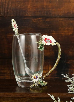 Handicraft Crystal Glass 3D Flower Cups Tea Mug With Tea Spoon Women Coffee, Tea, Juice, Beer, Milk Hot And Cold Drinks Use Gift Package. (Chrysanthemum, 12 OZ)