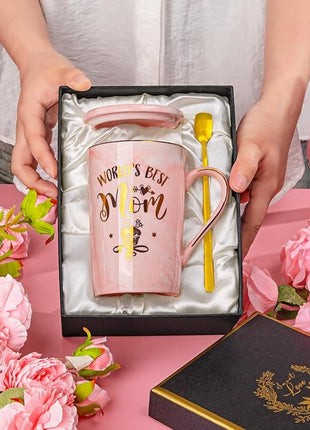 Birthday Gifts for Mom from Daughter Son Kids - Funny Birthday Gift Ideas for Mothers Wife Women - 14Oz Marble Ceramic Best Mom Coffee Mug with Lid Spoon Card, Box, Unique Moms Cup Gifts-Boxed Set