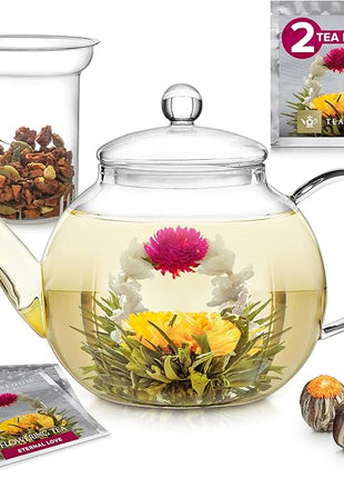 Teabloom Stovetop & Microwave Safe Glass Teapot with Removable Loose Tea Glass Infuser – Includes 2 Blooming Teas – 2-in-1 Tea Kettle and Tea Maker – Tea Purist's Choice