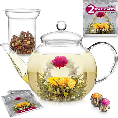 Teabloom Stovetop & Microwave Safe Glass Teapot with Removable Loose Tea Glass Infuser – Includes 2 Blooming Teas – 2-in-1 Tea Kettle and Tea Maker – Tea Purist's Choice