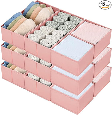 DIMJ Drawer Organizers - Set of 12 Fabric Closet Organizers and Storage, Drawer Dividers for Baby Clothes, Socks, Belt, Tie (Pink)
