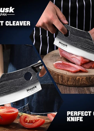 Huusk Serbian Chef Knife with Full Tang Handle Forged Butcher Knives for Meat Cutting Meat Cleaver Knife with Sheath for Halloween Kitchen Hunting or Camping Christmas Gift for Men and Women