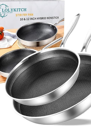 LOLYKITCH 10-12 Inch Hybrid Tri-Ply Stainless Steel Nonstick Chef's Frying Pan Set,Skillets,Induction Cooking Pan,Oven & Dishwasher Safe.