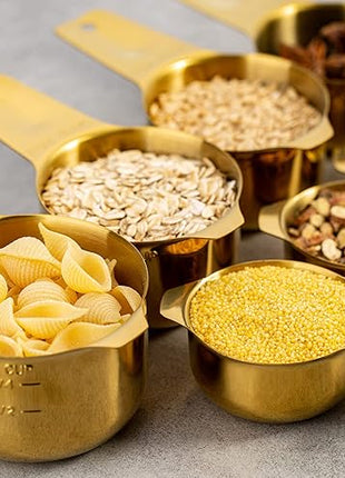 Set of 7 Heavy Duty Measuring Cups, 18/8 Stainless Steel with Ring Connector, Gold