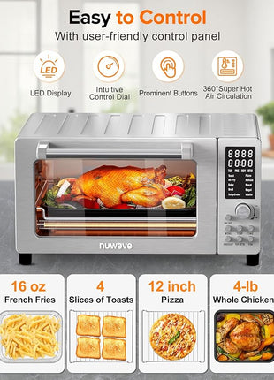 Nuwave Bravo Pro Smart 21QT Toaster Oven Air Fryer Combo, Convection Oven Countertop, 10 functions all in 1, with even & quick crisp technology, 50-450°F, 1800W, Stainless Steel