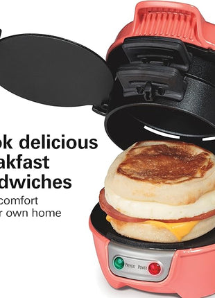 Hamilton Beach Breakfast Sandwich Maker with Egg Cooker Ring, Customize Ingredients, Perfect for English Muffins, Croissants, Mini Waffles, Perfect White Elephant Gifts, Coral (25483)