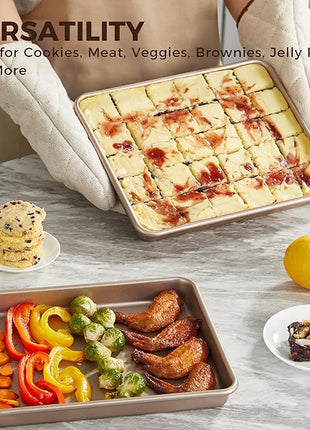 HONGBAKE 2 Pack 11 x 9 Inch Toaster Oven Pans and Trays, Small Baking Sheet Set for Cooking, Non-Stick Cookie Sheets, Heavy-Duty 0.8mm Thick, Easy to Clean, 1.26 Inch Deep, Gold