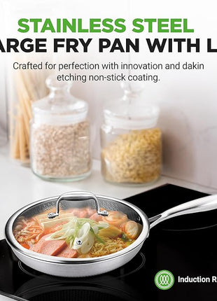 NutriChef 12" Stainless Steel Frying Pan with Lid- Triply Hybrid Large Skillet, Scratch-resistant Raised-up Honeycomb Fire Textured Pattern, Oven & DIshwasher Safe, NC3PL12