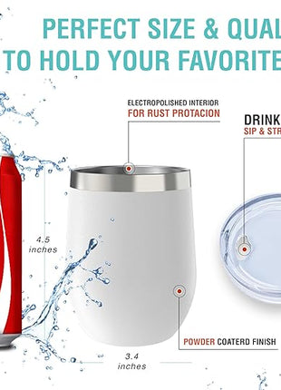 CHILLOUT LIFE 12 oz Stainless Steel Wine Tumbler with Lid - Double Wall Vacuum Insulated Wine Cup Glass Keeping Cold & Hot for Coffee, Champagne, Cocktails, Ice Cream - Powder Coated White