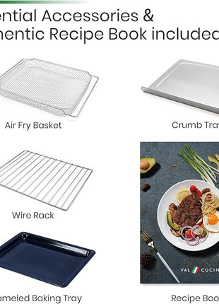 VAL CUCINA Infrared Heating Air Fryer Toaster Oven, Extra Large Countertop Convection Oven 10-in-1 Combo, 6-Slice Toast, Enamel Baking Pan Easy Clean with Recipe Book, Black Matte Stainless Steel