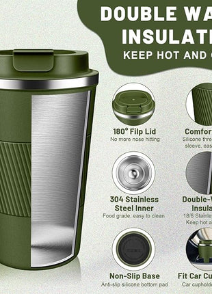 Insulated Coffee Tumblers with Flip Lid 12oz / 17oz, Stainless Steel Travel Coffee Mug Leak Proof, Vacuum Insulated Coffee Mug Reusable Cup, Keeps Cold and Hot for Coffee Tea
