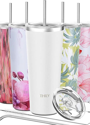 THILY Vacuum Insulated Tumbler Stainless Steel 26 oz Coffee Cup with 2 Lids and Straws, Powder Coated Travel Mug, Keeps Ice Drinks Cold, White